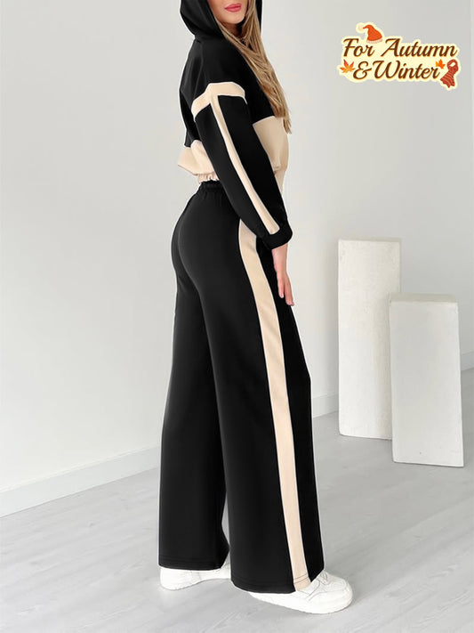 Ensemble Femme Automne Hiver - Veste à Capuche Color-Block & Pantalon Large Taille Haute