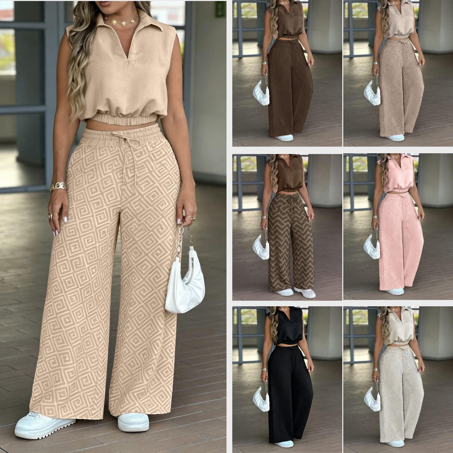 Ensemble deux pièces femme, top sans manches et pantalon imprimé, plusieurs coloris