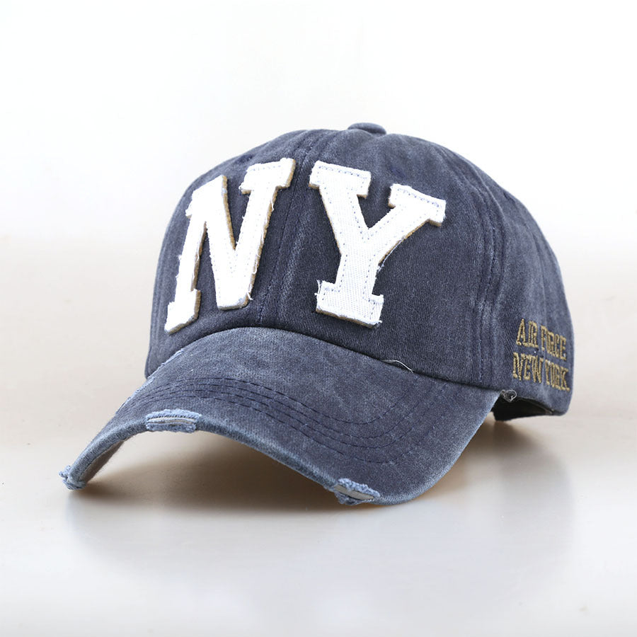 Casquette baseball bleu marine délavé, broderie NY blanche, patch Air Force New York.