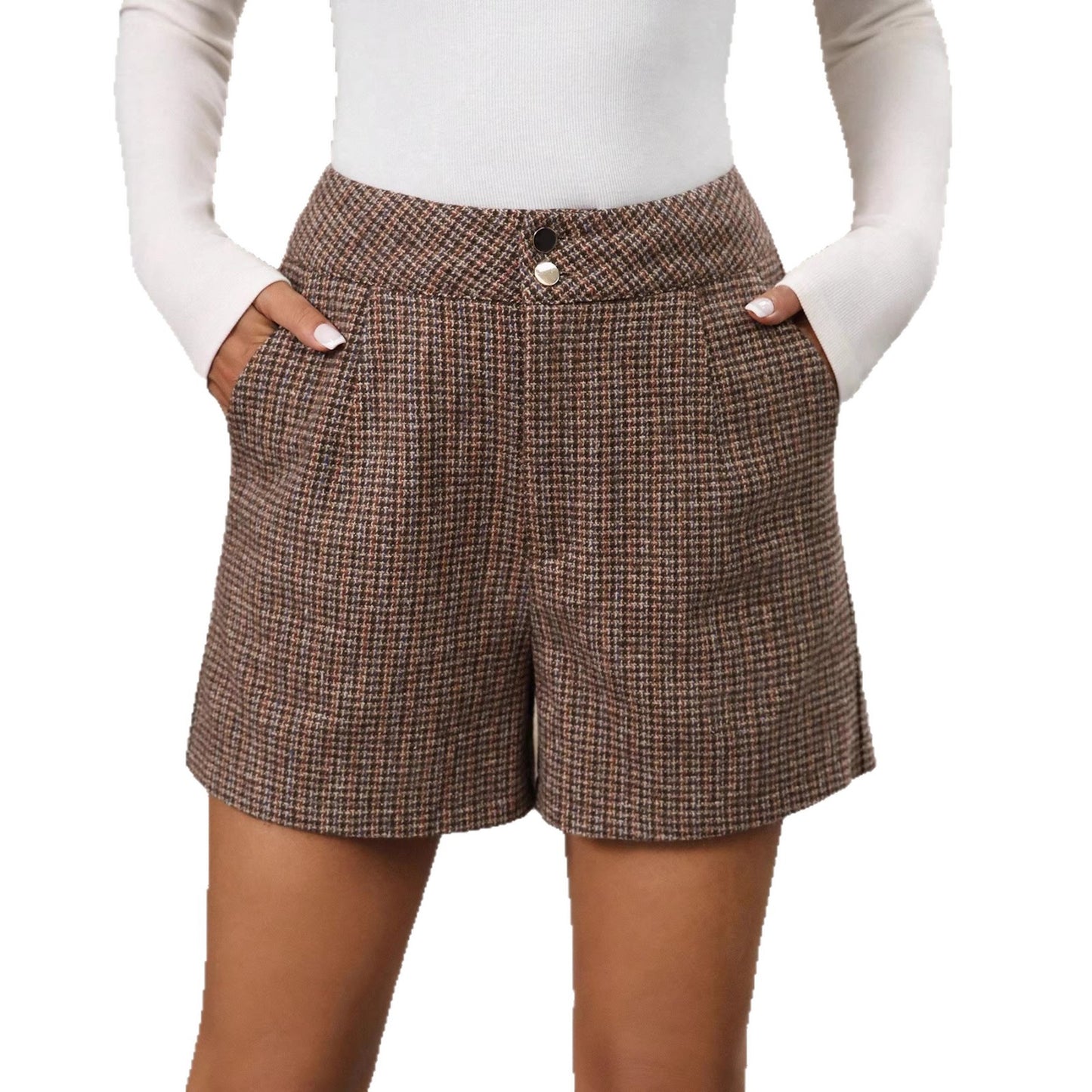 Short taille haute camel à carreaux, ceinture plissée, bouton devant, poches latérales.