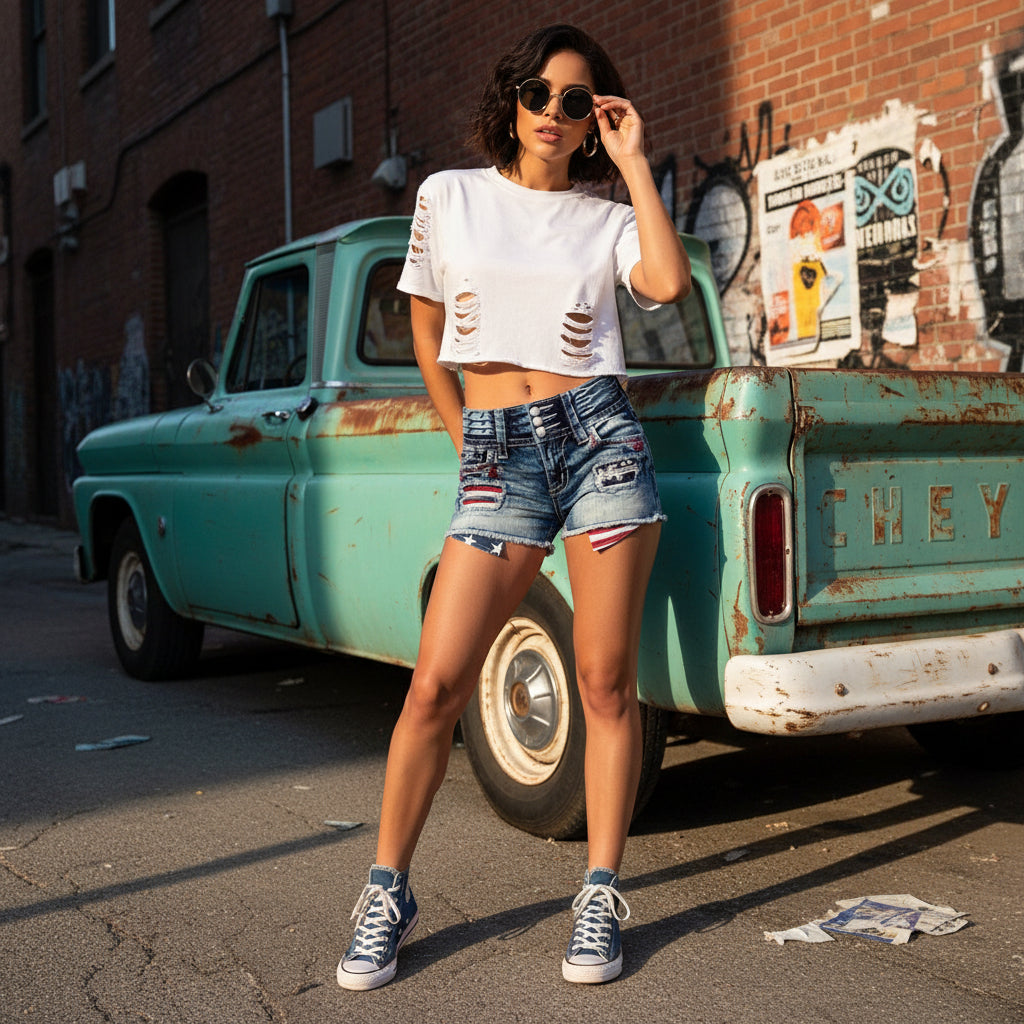 Short en jean bleu taille haute éraflé, coupe slim, bords effilochés et déchirures