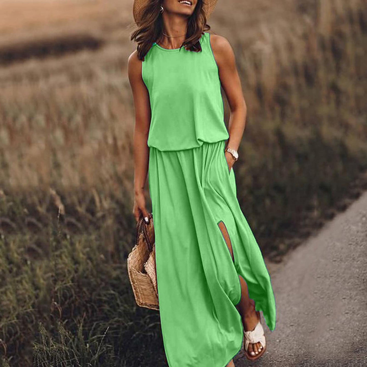 Robe longue sans manches à col rond, vert vif, fente latérale et poches