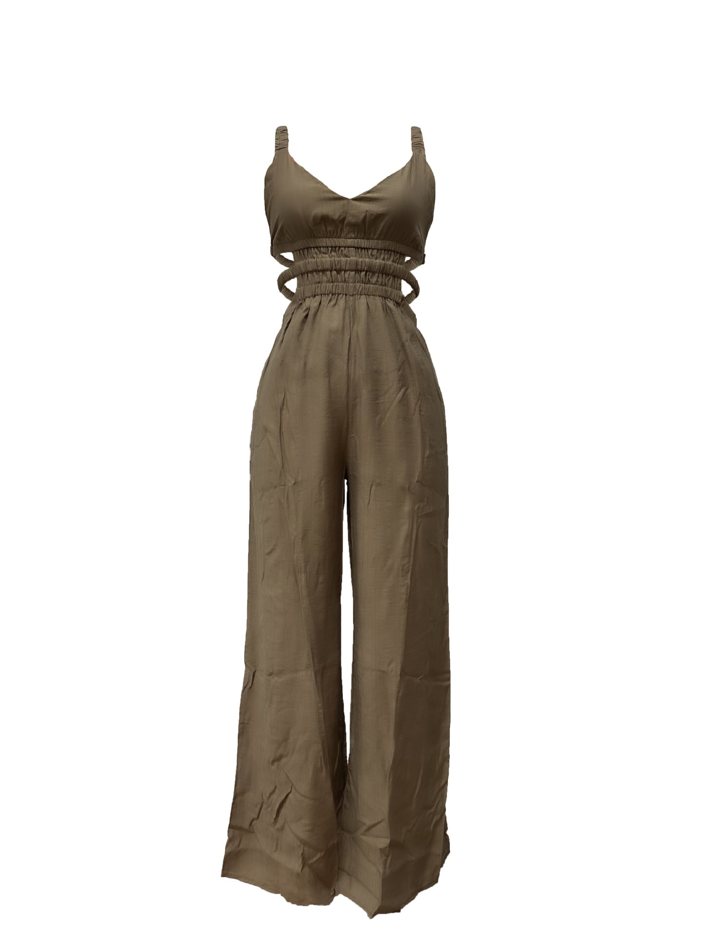 Combinaison kaki dos nu sans manches, buste smocké, pantalon ample jambes larges
