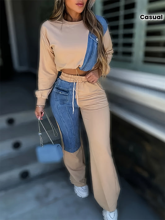Ensemble Femme Color-Block Col Rond - Tenue Casual Tendance 2 Pièces Top & Pantalon