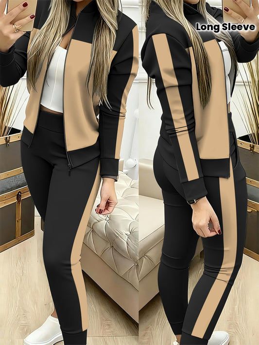 Ensemble Femme 2 Pièces Veste Zippée et Pantalon à Bandes - Survêtement Casual Chic