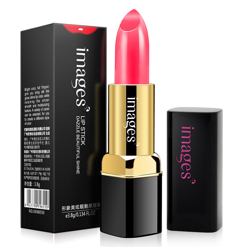 Rouge à lèvres en tube doré et étui noir, teinte rose rouge, avec boîte