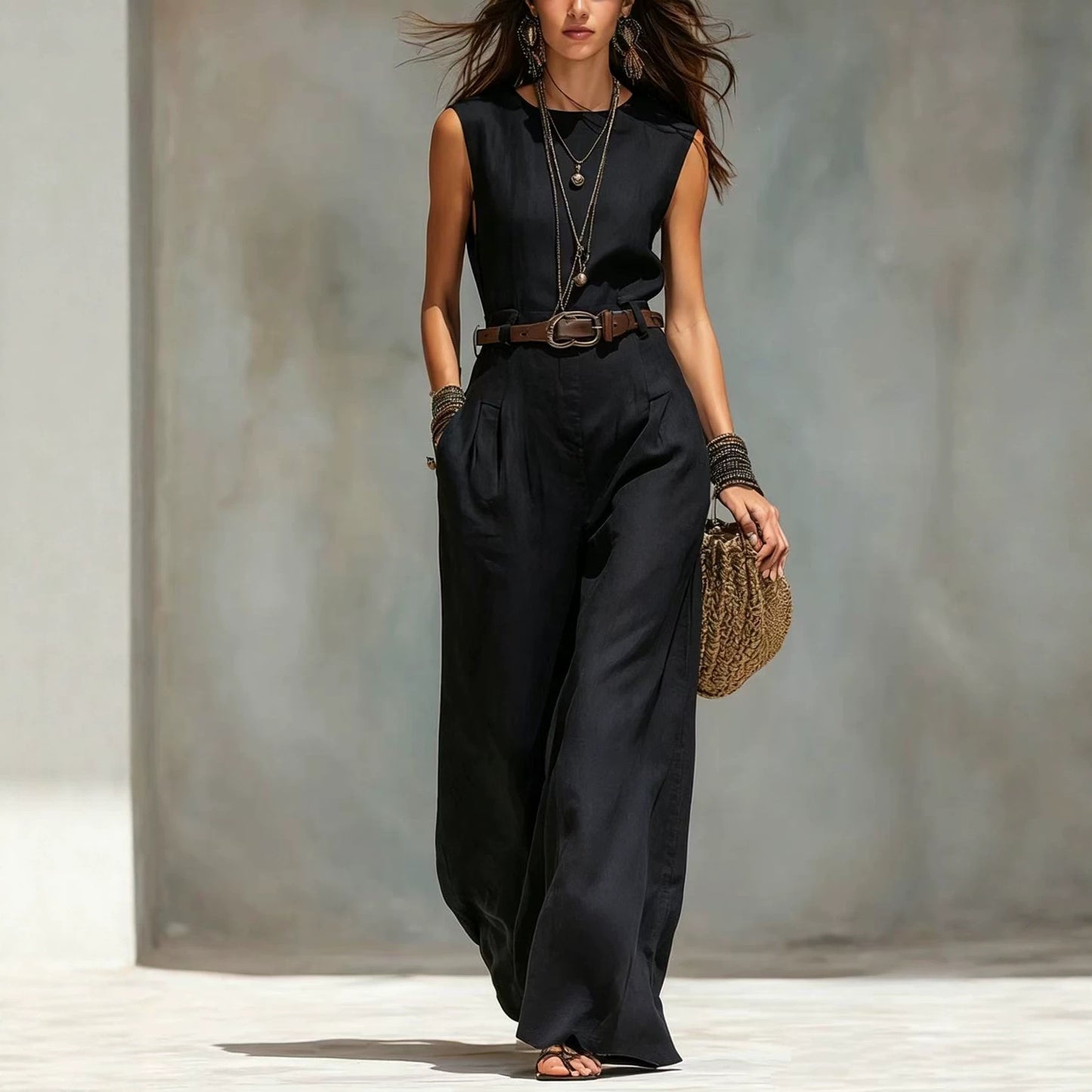 Combinaison femme sans manches noire, épaules dénudées, jambes larges, ceinture