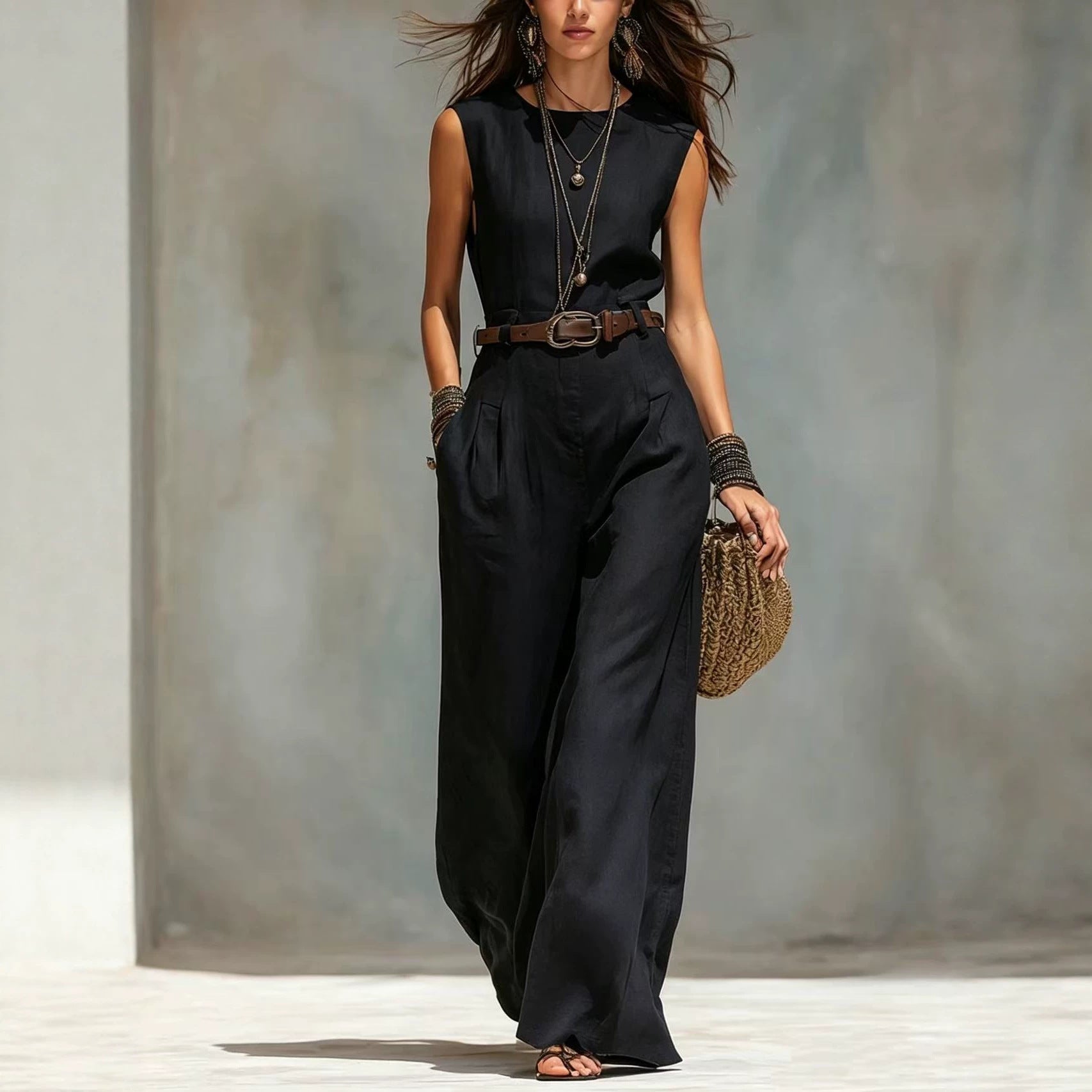 Combinaison femme sans manches noire, épaules dénudées, jambes larges, ceinture