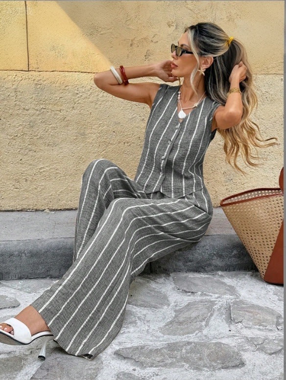 Ensemble 2 pièces femme : top sans manches et pantalon large à rayures gris et blanc