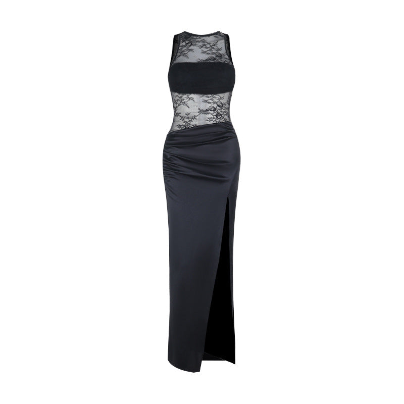 Robe longue noire dentelle sur le haut, silhouette ajustée, fente au bas