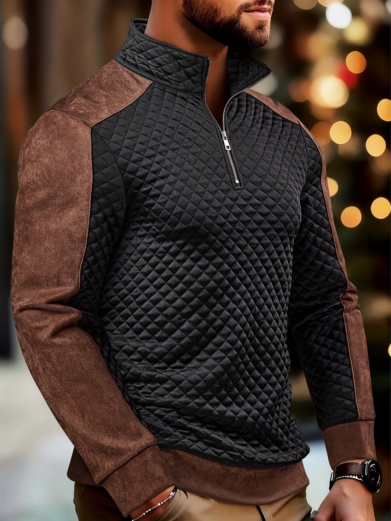 T-Shirt Henley Homme Manches Longues - Col Zip Color Block Automne-Hiver