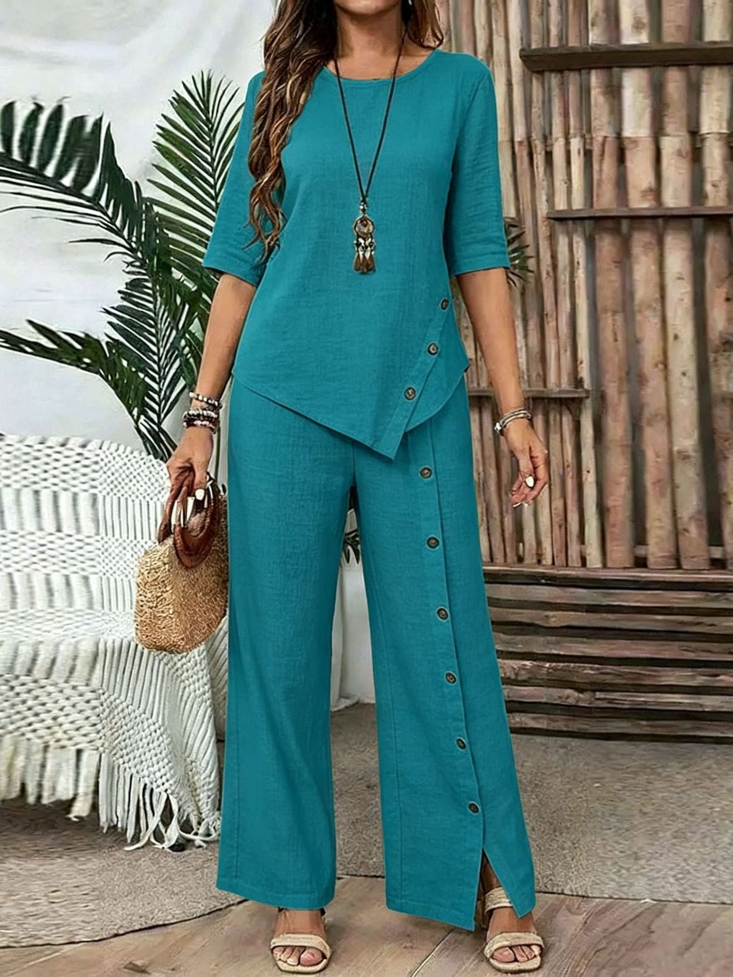 Ensemble chemise boutonnée à manches mi-longues et pantalon évasé, bleu canard