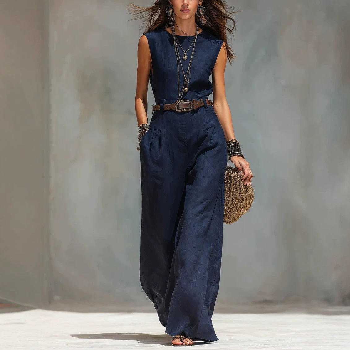 Combinaison femme sans manches bleu nuit, épaules dénudées, jambes larges, ceinture