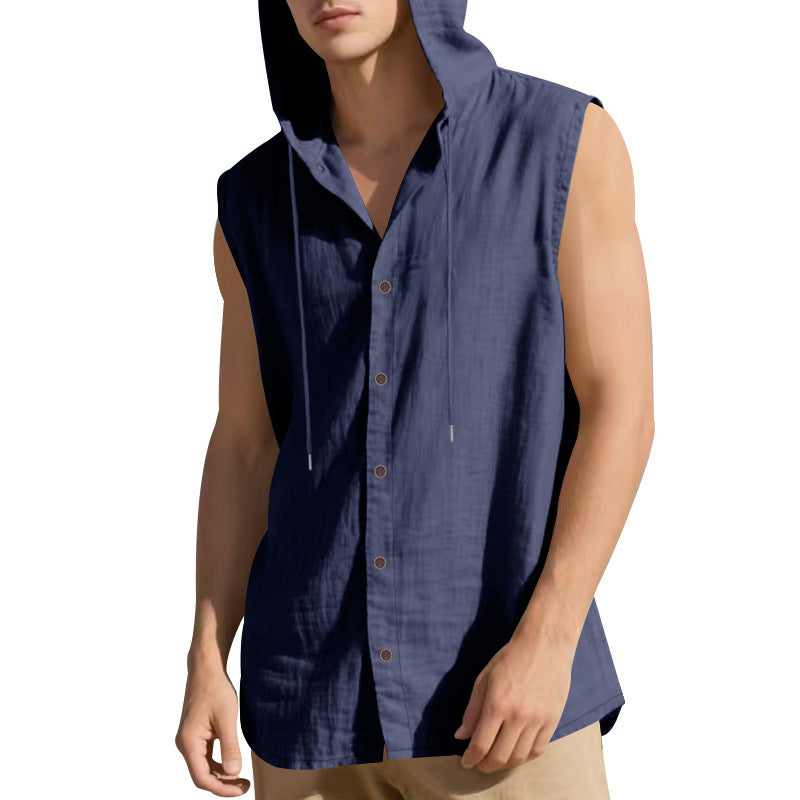 Gilet chemise en lin sans manches à capuche, fermeture boutonnée, bleu denim