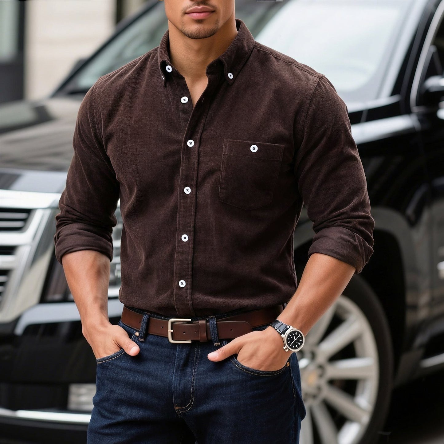 Chemise homme en velours côtelé marron, manches longues, boutonnage et poche poitrine.