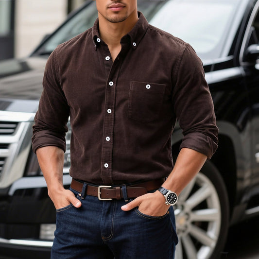 Chemise homme en velours côtelé marron, manches longues, boutonnage et poche poitrine.