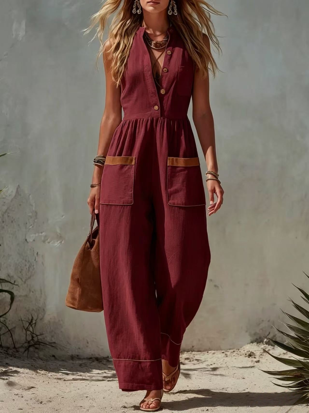 Combinaison sans manches bordeaux, col V, poches plaquées, taille froncée, jambe ample.