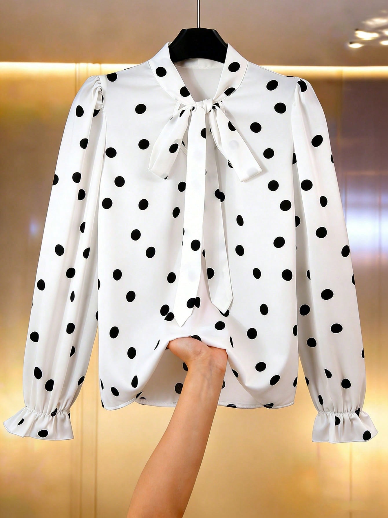 Chemise femme blanche à nœud au col, manches longues bouffantes, motifs cœurs noirs