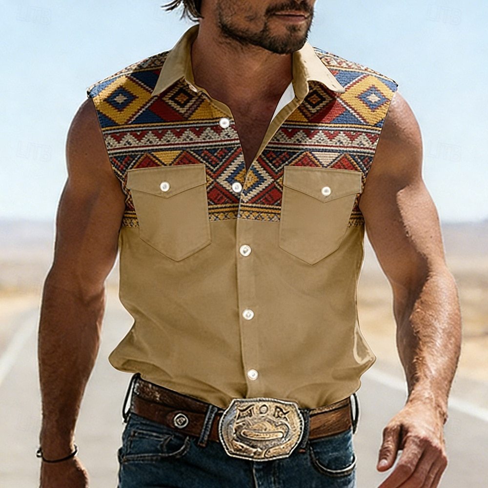 Chemise sans manches homme beige, col chemisier, empiècement imprimé multicolore.
