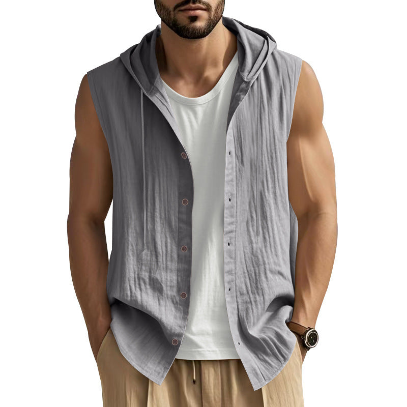 Gilet chemise sans manches à capuche gris, boutonnage devant et cordons de capuche.
