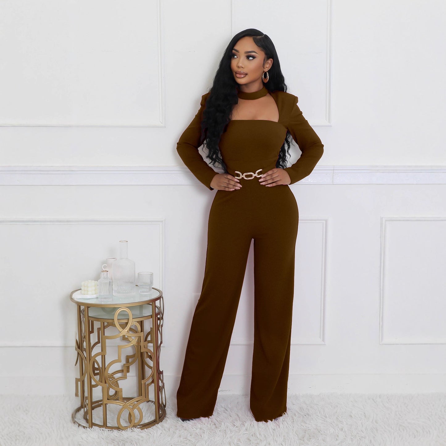 Combinaison femme col roulé manches longues jambes larges marron, décolleté carré.