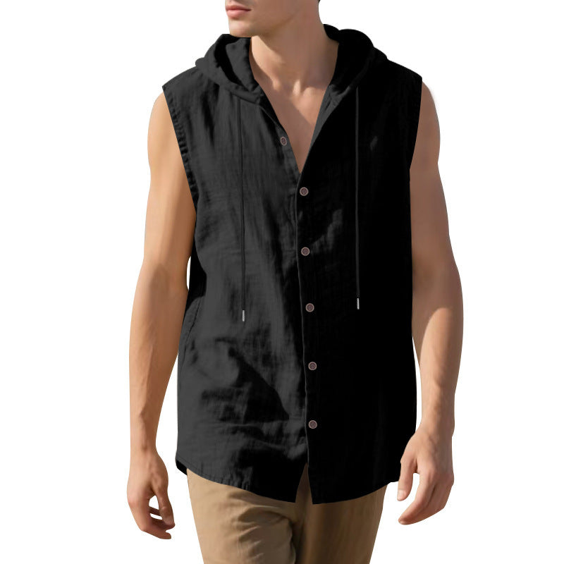 Gilet chemise en lin sans manches à capuche, fermeture boutonnée, noir foncé