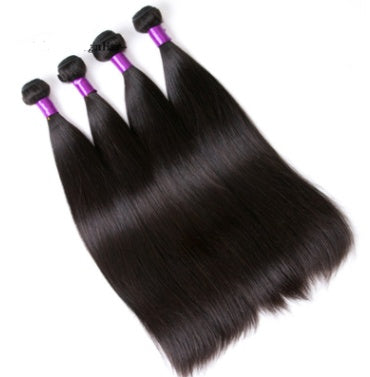 Quatre mèches d’extensions cheveux lisses sombres avec capuchons violets, alignées.