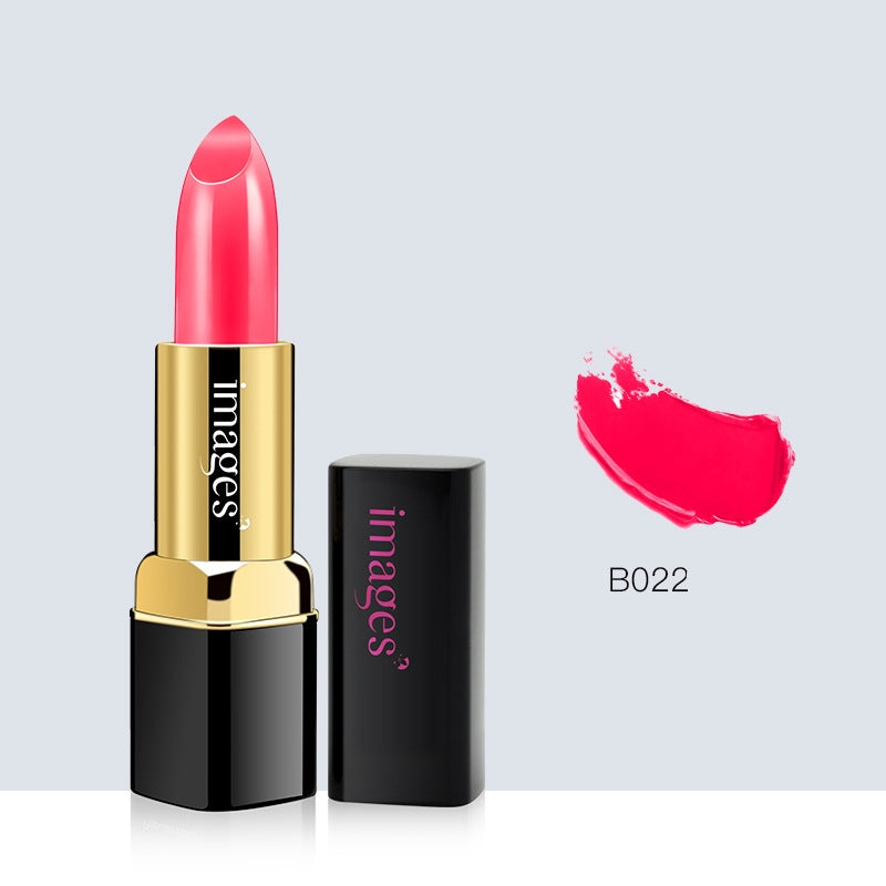 Rouge à lèvres en tube noir et doré, teinte rose vif, avec empreinte B022