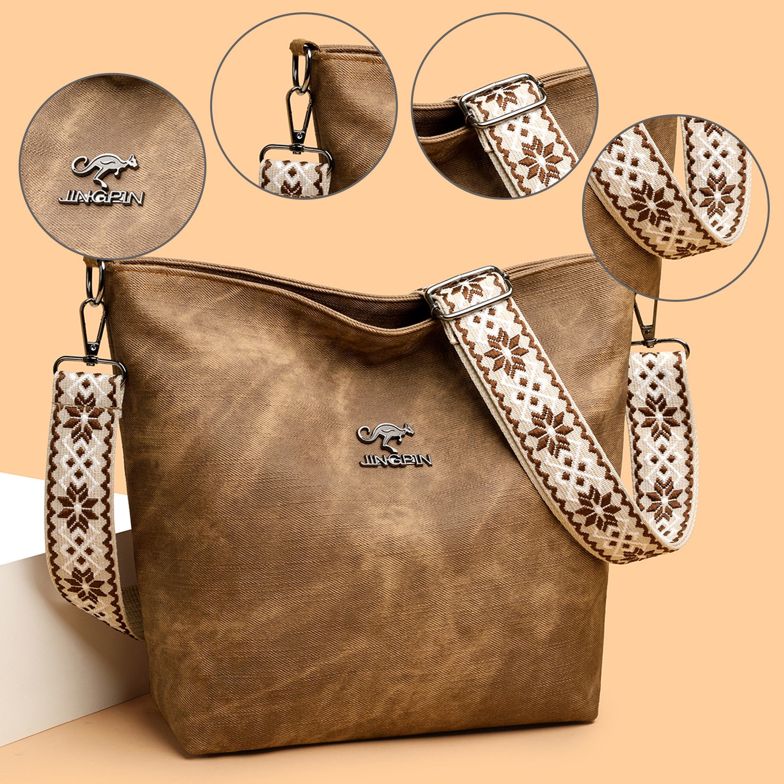 Sac à main souple marron grand format, bandoulière à motifs et logo au centre