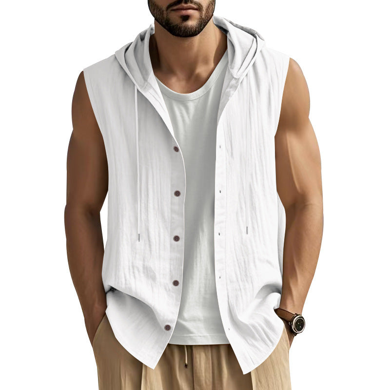 Gilet chemise sans manches à capuche blanc, boutonnage devant et cordons de capuche.