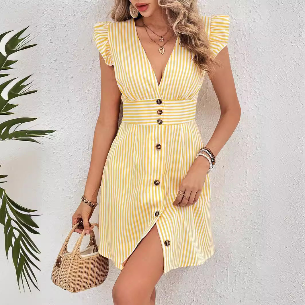 Robe chemise rayée jaune à col V, boutons, manches volantées