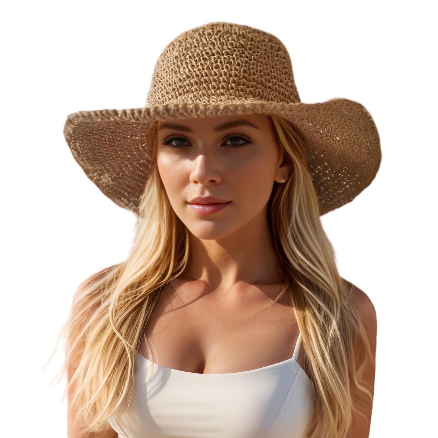 Chapeau de plage tressé beige clair, large bord, porté par femme