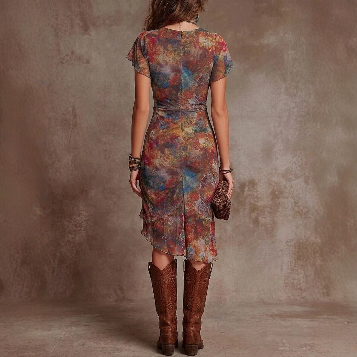 Robe mi-longue slim imprimée multicolore, vue de dos, manches courtes volantées