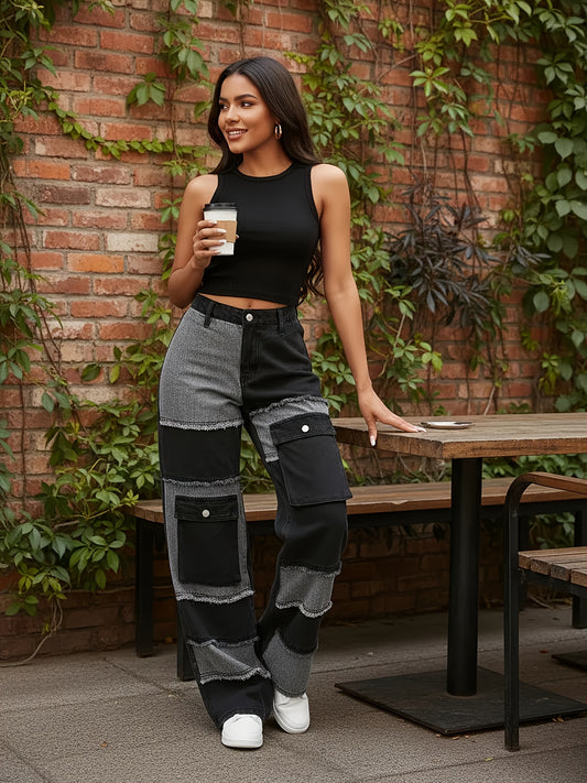 Pantalon Denim Femme Multi-Poches Patchwork - Style Cargo Tendance Streetwear