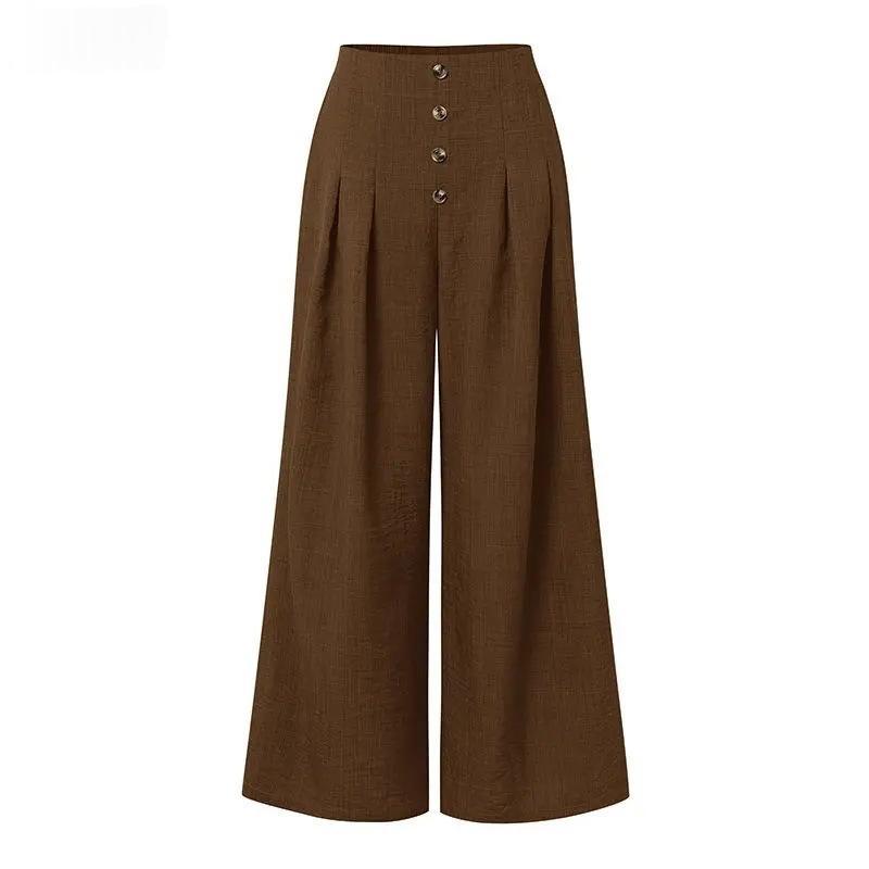 Pantalon taille haute brun ample, patte boutonnée devant et coupe évasée