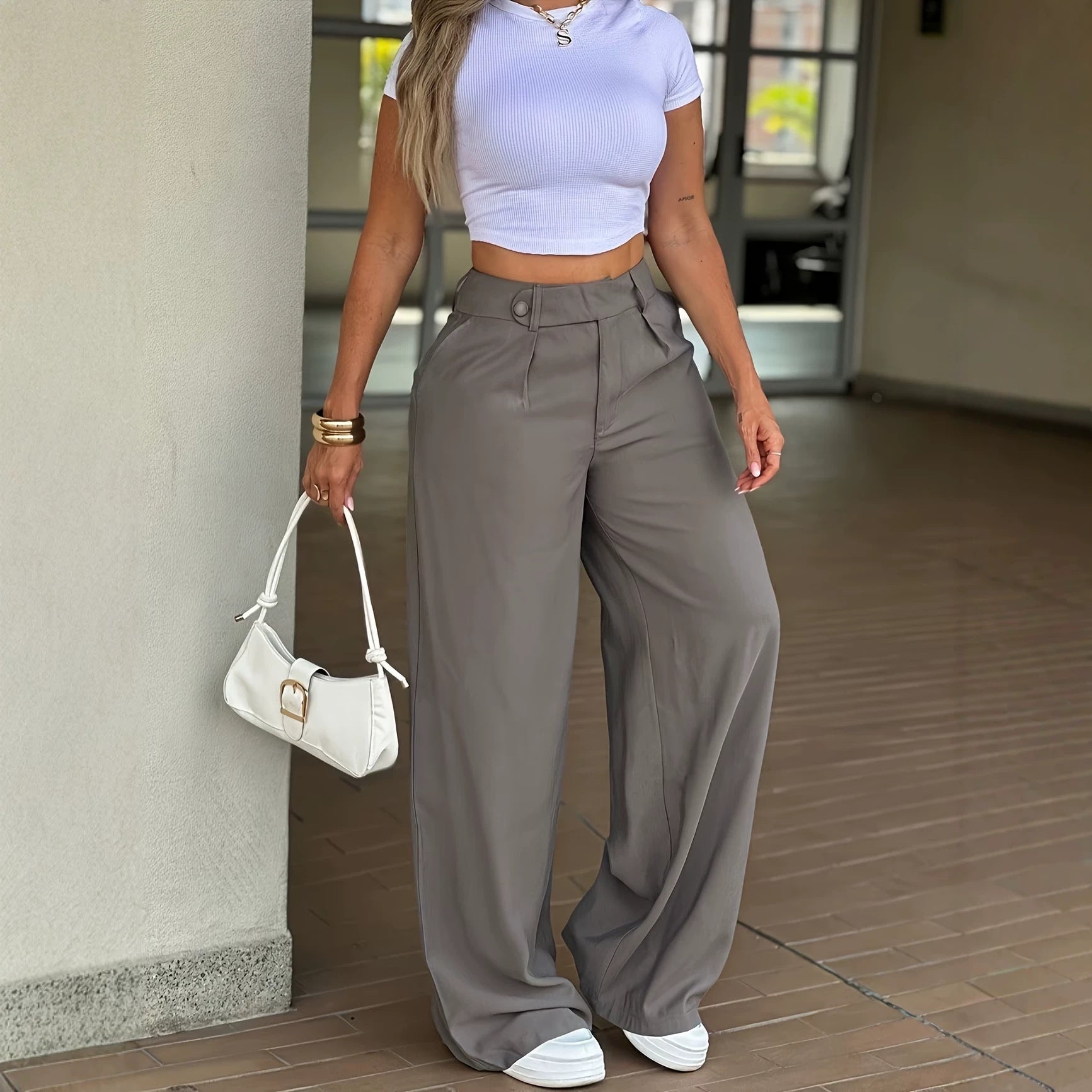 Pantalon décontracté ample à jambes droites gris, taille taille haute, poches