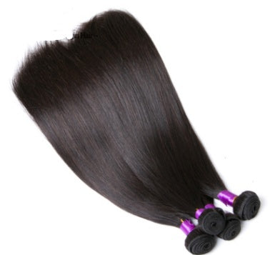 Mèche d’extensions cheveux lisses sombres avec capuchon violet, longueur inclinée.