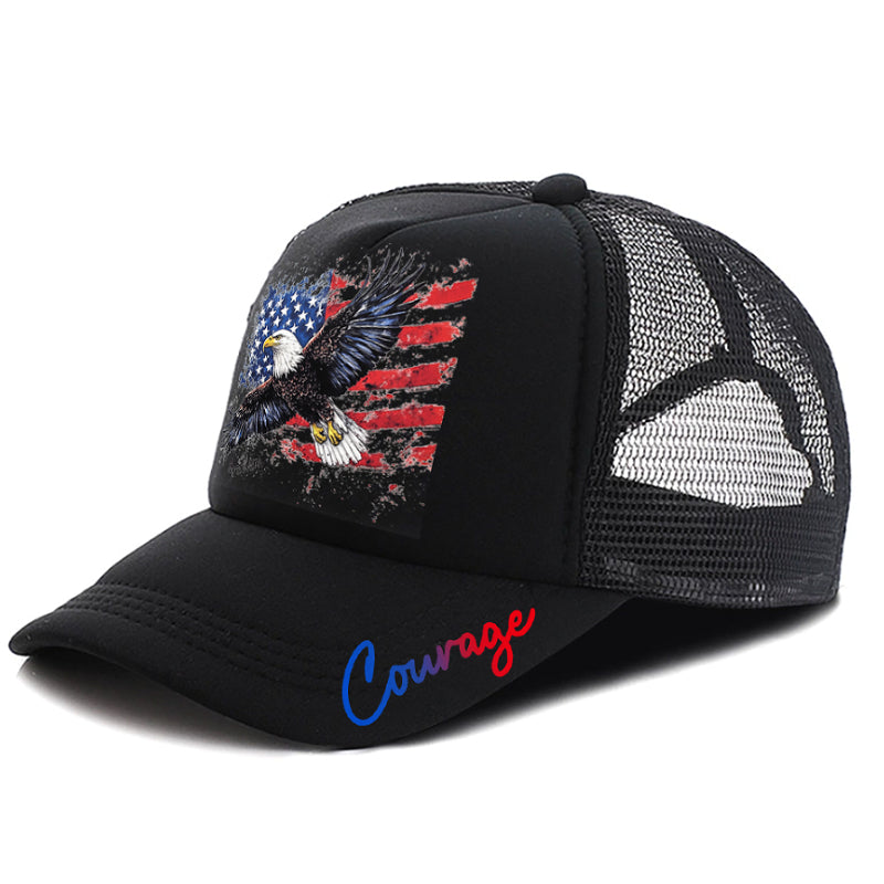 Casquette noire en mesh avec motif aigle USA brodé et inscription Courage
