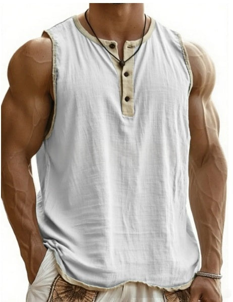 Débardeur homme coton blanc sans manches, encolure boutonnée, col contrasté beige