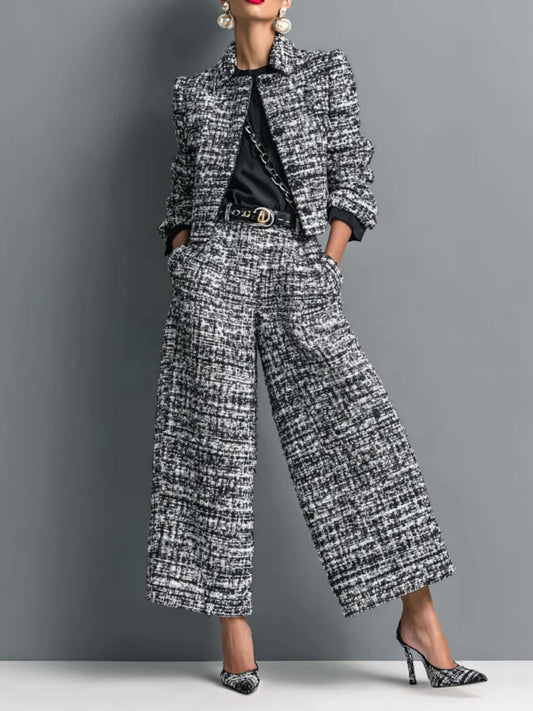 Ensemble Tailleur Tweed Noir & Blanc Femme - Blazer Court + Pantalon Large Premium