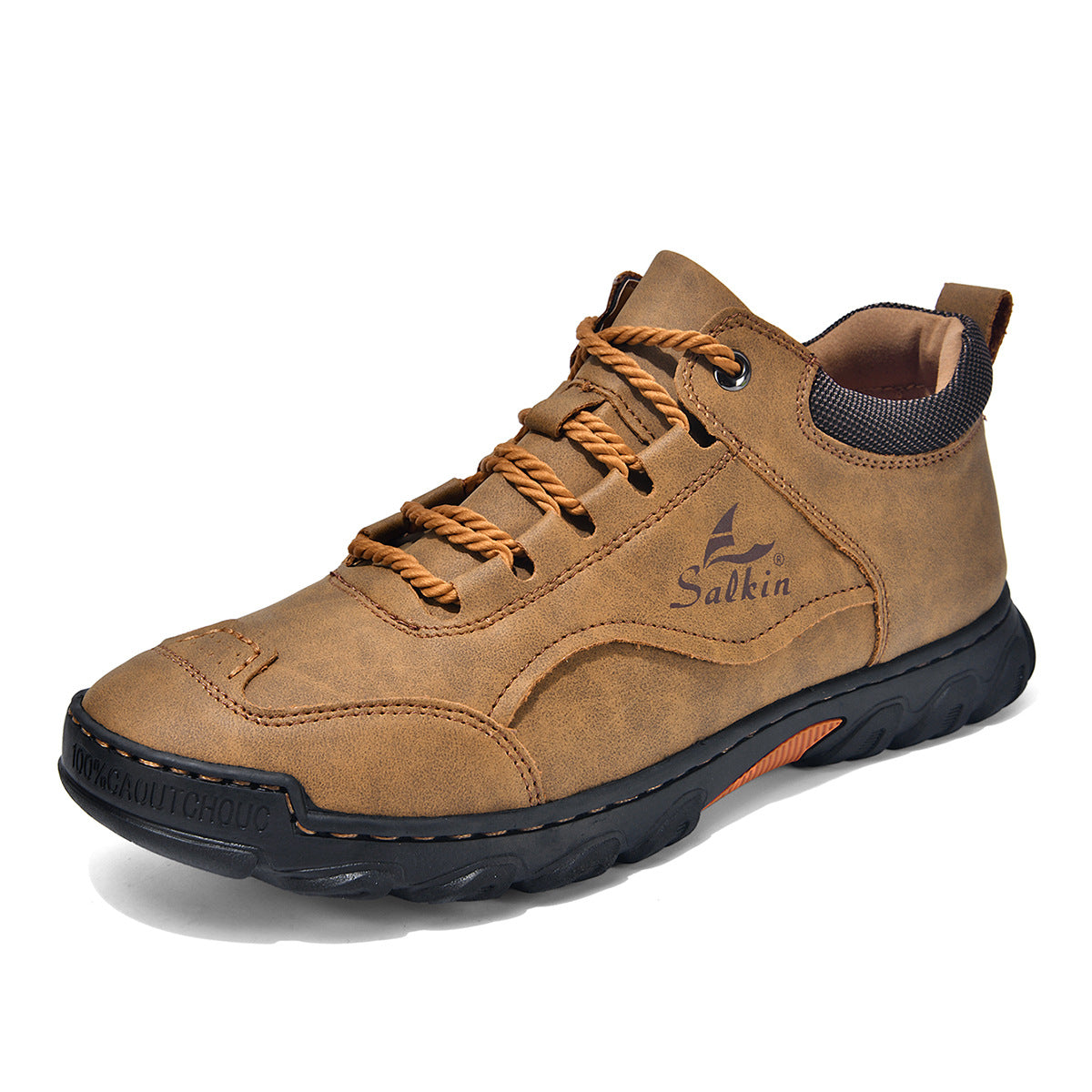 Chaussures plates à lacets bout rond sable, semelle noire épaisse, détails orange en bord