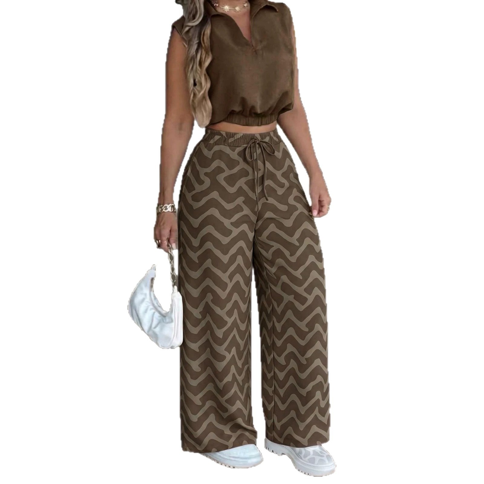 Ensemble deux pièces femme marron, top sans manches et pantalon large à motif ondulé