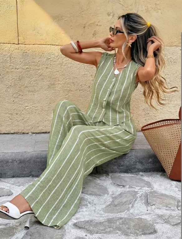 Ensemble 2 pièces femme : top sans manches + pantalon large à rayures vert et blanc