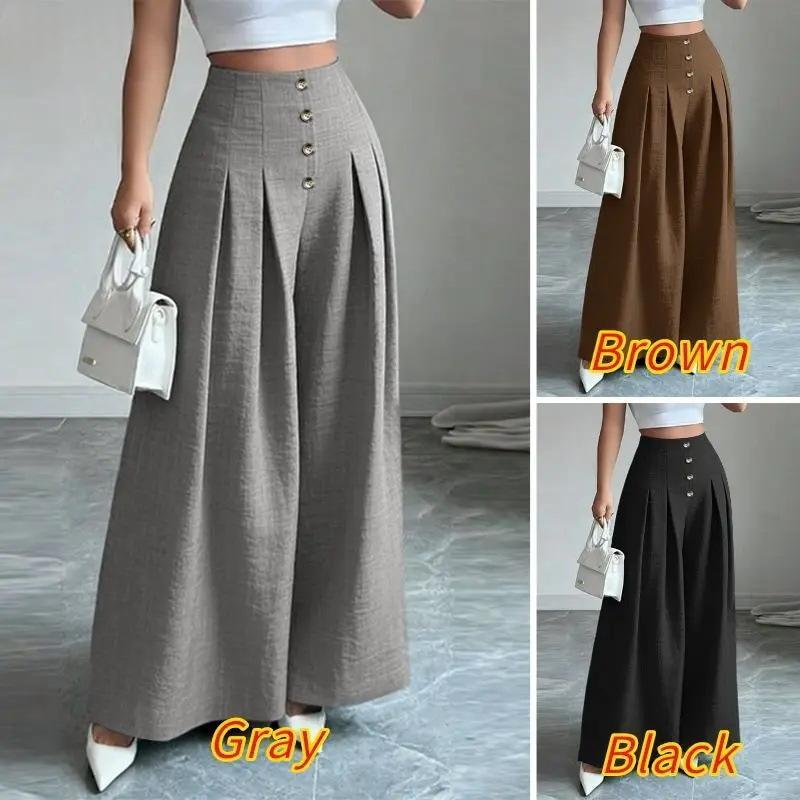 Pantalons amples taille haute gris et noir, rangée de boutons et plis devant