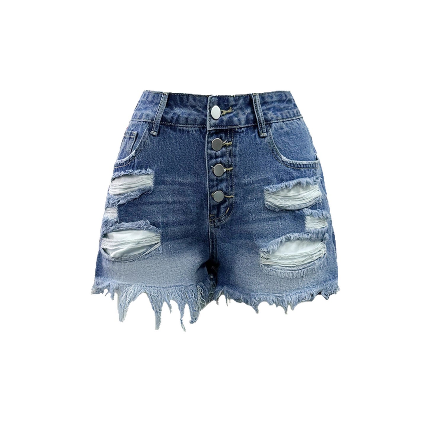 Short en jean taille haute bleu foncé, devant à boutons, ourlet effiloché, découpes poches.