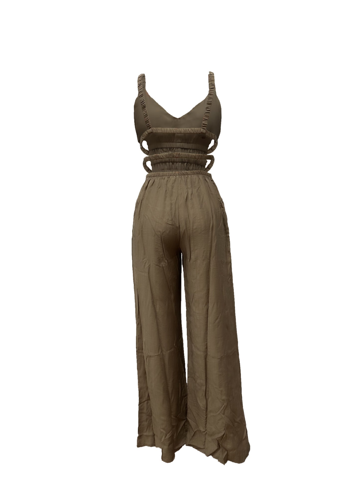 Combinaison kaki dos nu sans manches, bretelles fines, pantalon ample jambes larges