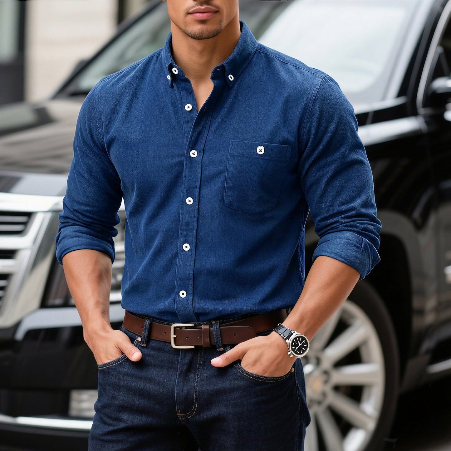 Chemise homme en velours côtelé bleu marine, manches longues, boutonnage et poche poitrine.