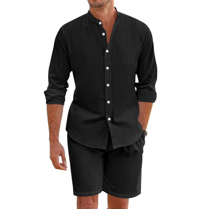 Ensemble chemise en lin noire boutonnée et short noir