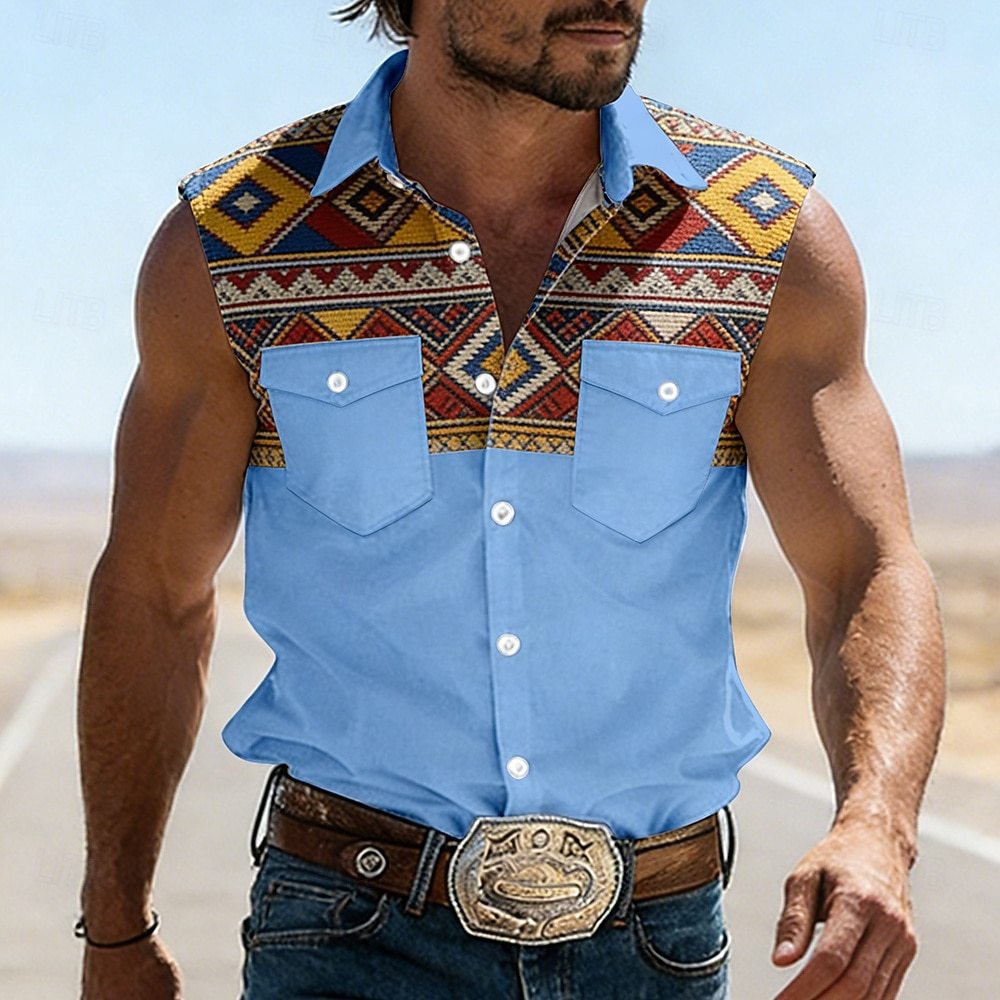 Chemise sans manches homme bleu clair, col chemisier, empiècement imprimé multicolore.