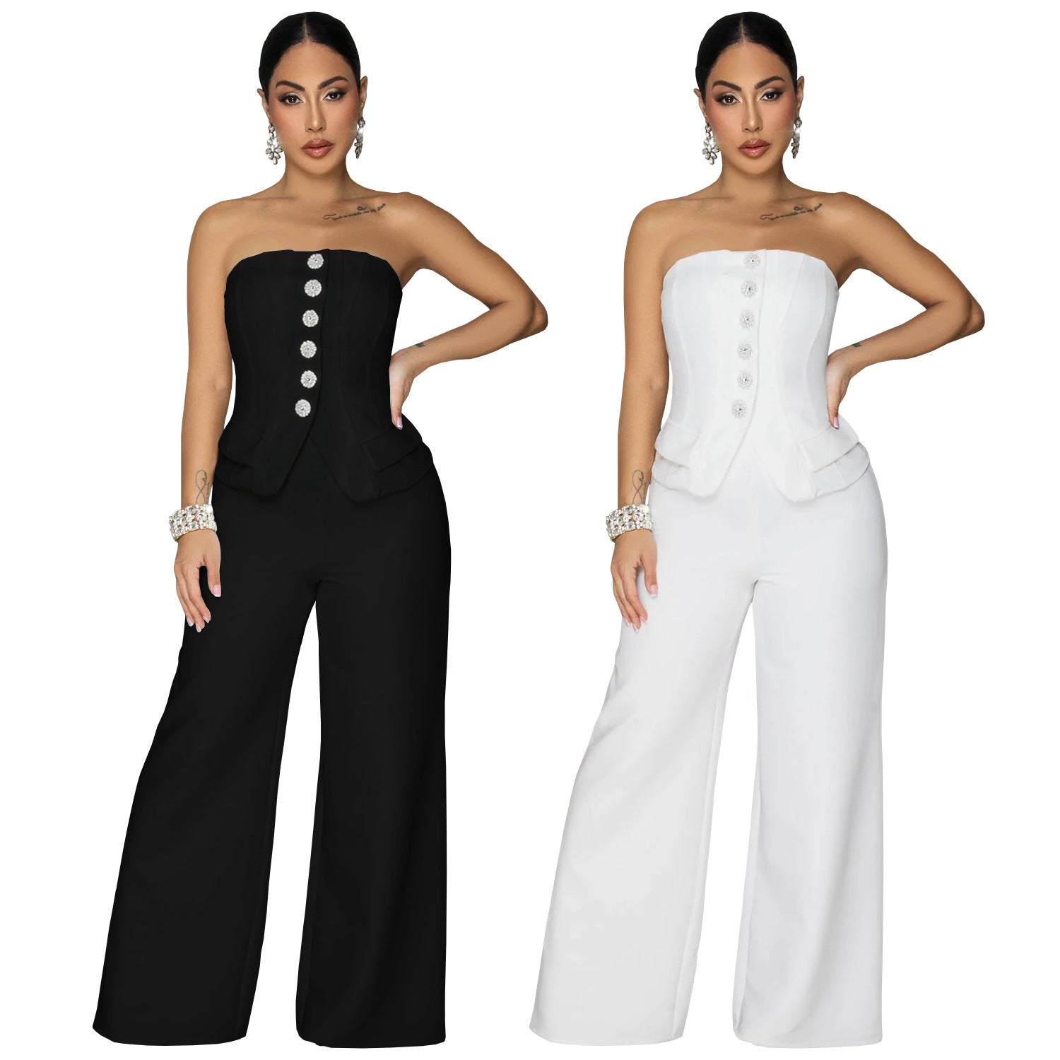 Combinaison bustier dos nu à jambes larges, noire et blanche, vue de face.